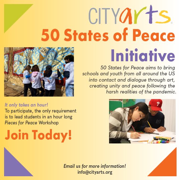CITYartsInc's tweet photo. Calling all middle and high school educators‼️ Join CITYarts 50 States of Peace today and help spread peace through the creation of art with youth across the country 🎨❤️

#CITYarts #USA #art #arteducation #nonprofit #artsorganization #YouthEmpowerment #peace https://t.co/wmUXEVlnZL