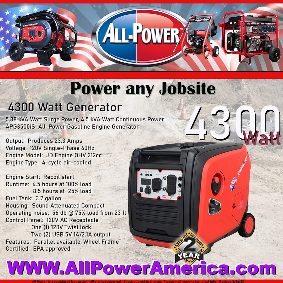AllPowerAmeric1's tweet image. Product Update
• Increased power from 3500w to 4300 watts peak power
• Larger Fuel tank 3.7 gallon
• Same Price (no price change)

Get more value at the same price!
#jdnorthamerica #AllPowerCorp #invertergenerator  #generatorforsale