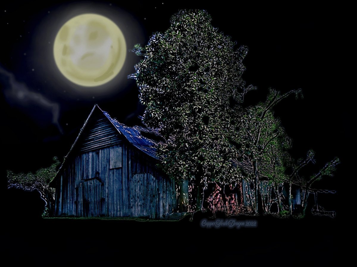 CopperScale's tweet image. I have not shared any of my photo edits in a long time. I miss being able to roam around and photograph things, honestly but life happens and we move on.
The old barn in the moonlight.
#photography #filterforge #photoshop #barn #fullmoon