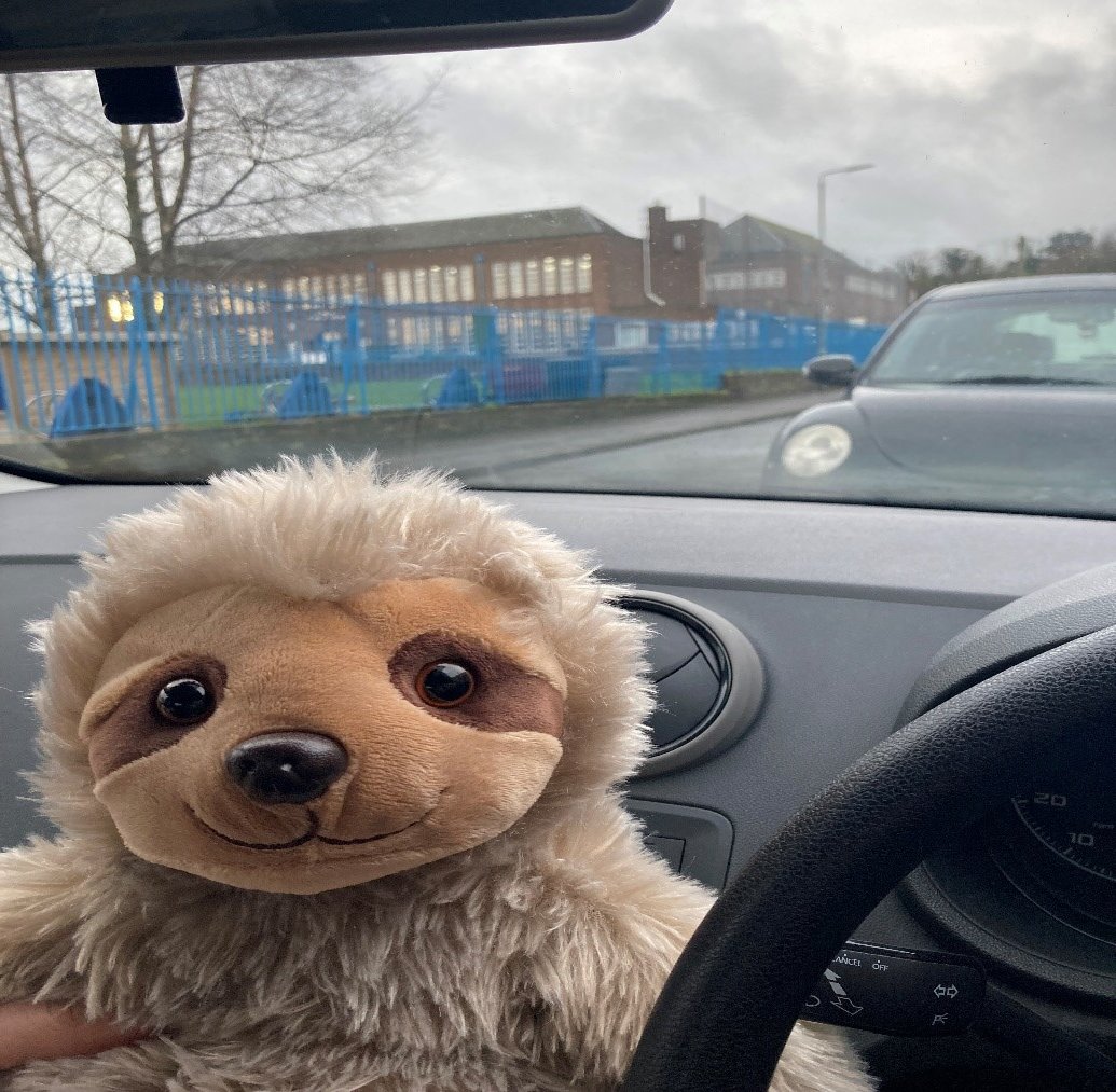 First visit of the day. In the car ready for whole class attention and listening in Seaview PS Y2. Have my trusty Sammy Sloth for company! Delivering whole class sessions in schools is a key part of our role and I love working in classrooms alongside teachers and CA's #MySLTday
