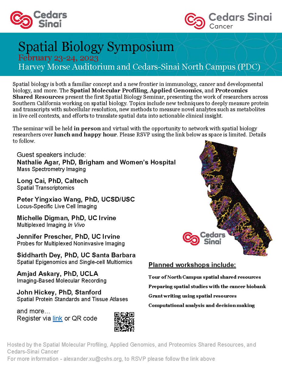 CSCancerCenter's tweet image. #CedarsSinaiCancer's first #SpatialBiology Symposium is taking place covering topics like new techniques to measure proteins, methods to measure novel analytes, and efforts to translate #spatialdata into clinical insights. Virtual attendees are welcome!