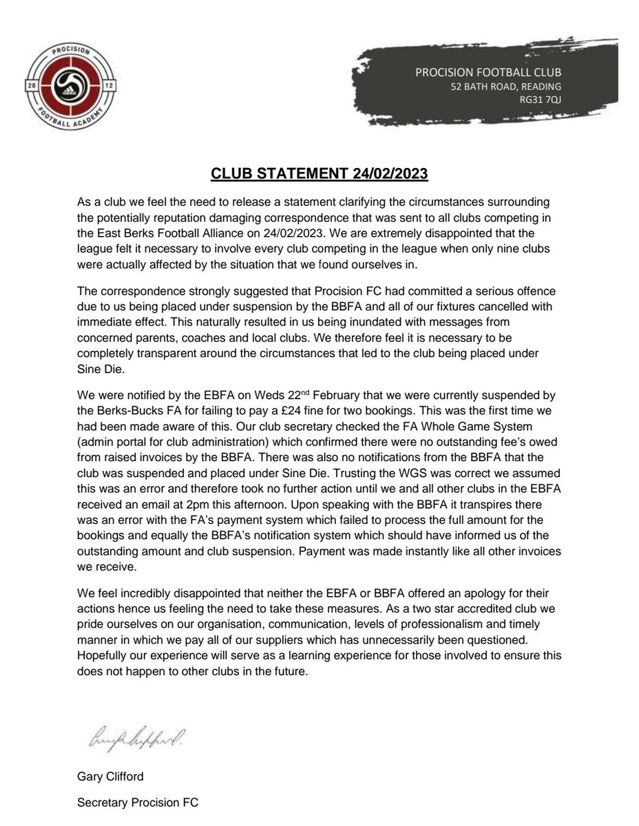 CLUB STATEMENT

<a href="/ProcisionRdg/">Procision Reading Academy</a> <a href="/ProcisionNew/">Procision Newbury Football Academy</a>