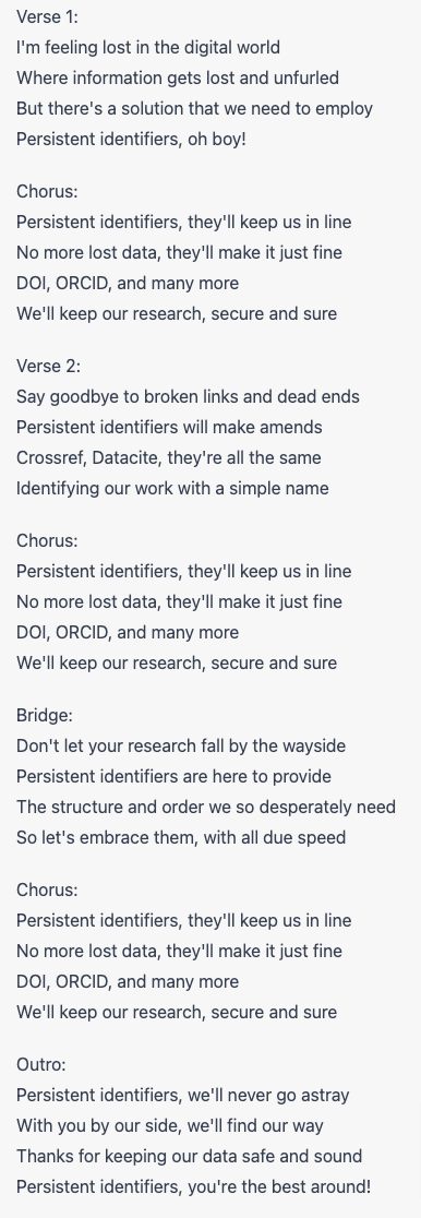 After one of our student assistants asked ChatGPT to write a rap about The Portal to Texas History in the style of N.W.A, I think it's time for some other creations. 

Prompt: Write a song in the style of Weezer about persistent identifiers.

#persistentidentifiers #pids