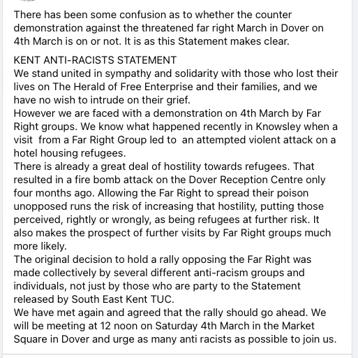 Please see statement attached. 
Join us on 4 March in Dover to oppose the fascists
No Pasaran
