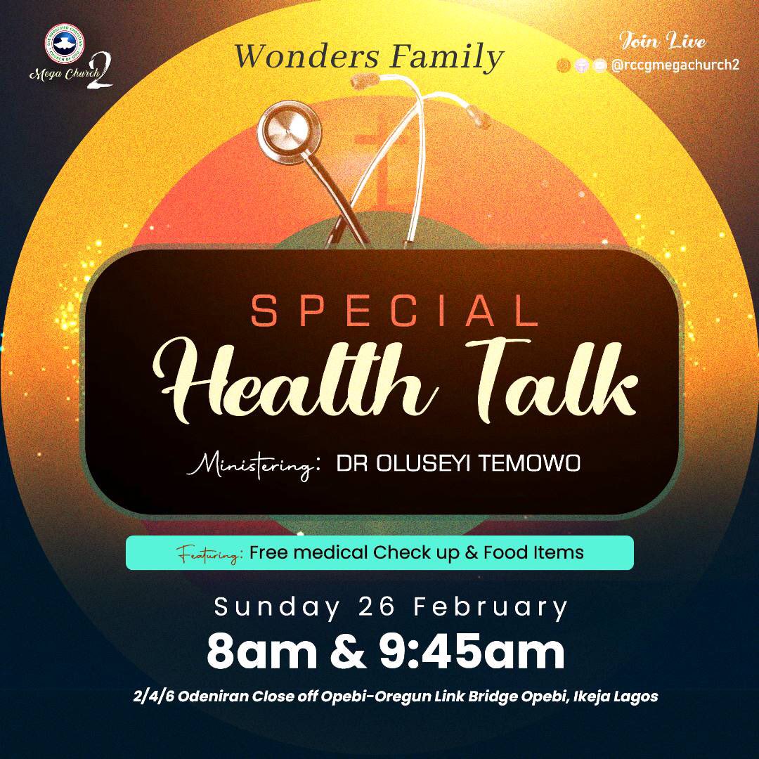 rccgmega2's tweet photo. Pls do join us this Sunday for any of our services. 

1st Service 8:00am
2nd  service 9:45am

Theme - Special Health Talk

Ministering- Dr. Oluseyi Temowo

Venue - 2/4/6 Odeniran close off Opebi/ Oregun link bridge Opebi Ikeja 

Date: 26th February, 2023 https://t.co/zshhTd19Ub