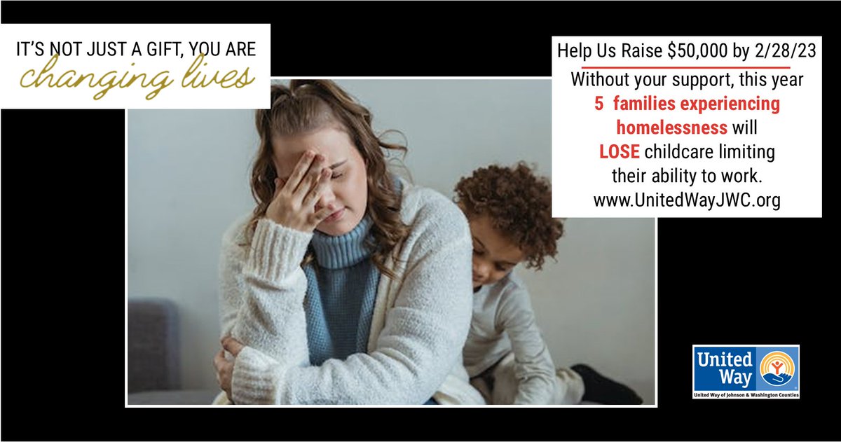 uwayjwc's tweet image. IT&apos;S NOT JUST A GIFT, YOU ARE CHANGING LIVES!
We need your help to raise $50,000 by 2/28/23
Without your support, this year 5 families experiencing homelessness will lose childcare limiting their ability to work. Every Gift Matters
unitedwayjwc.org/civicrm/contri… #Impact #childcare #give