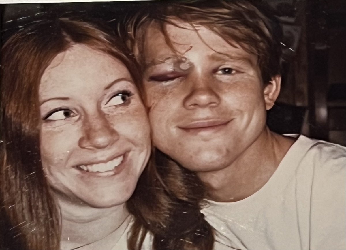 RealRonHoward's tweet photo. Me and Cheryl late '74. These kinda things used to happen even in fender benders before seat belts became law. I actually had a lap belt and still got knocked cold. The #Nova2SS I was driving did a lot better than I did. https://t.co/b02hKYcZ3E