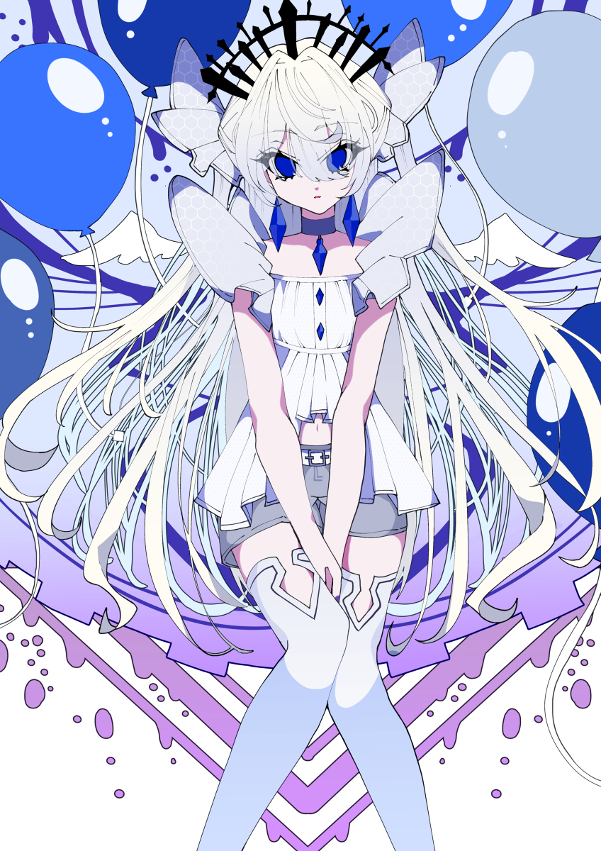 1girl solo white hair blue eyes thighhighs long hair balloon  illustration images