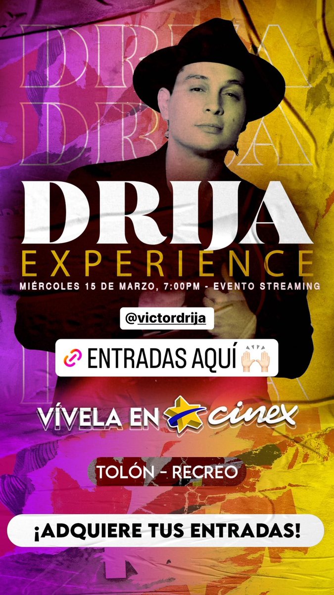 drijazone's tweet photo. 📰 | [INFO] — ¡Vive la #DRIJAEXPERIENCE en pantalla grande!

Con una única función este Este 15/03, la #drijapeople de Caracas podrá disfrutar de la Drija Experience en PANTALLA GRANDE y ver el concierto más completo, invitados de lujo y sus más grandes exitos junto a más fans 😍 https://t.co/ierqSBTJtT