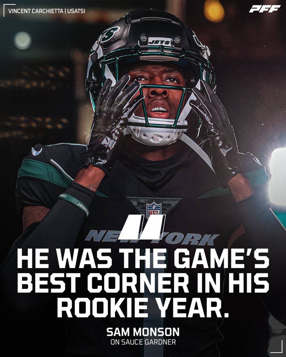 PFF's tweet photo. Sauce Gardner had a special rookie season for the Jets 🔒 https://t.co/diSfSTxPLB