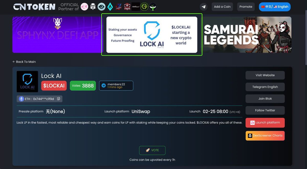 $LOCKAI advertised on cntoken.io, the first and largest China-centric coin index!! 🚀

Officially partnered and powered by Dexscreener and PinkSale

Remember to vote for us: 
cntoken.io/coin/29412