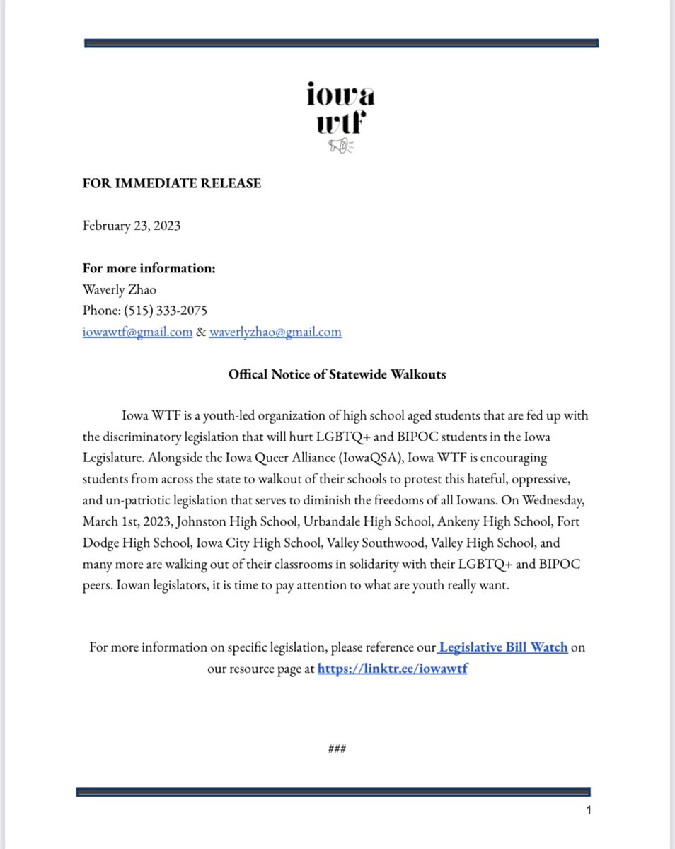 WALKOUT Wednesday March 1st organized by students for students. We will not let this discriminatory legislation stand.