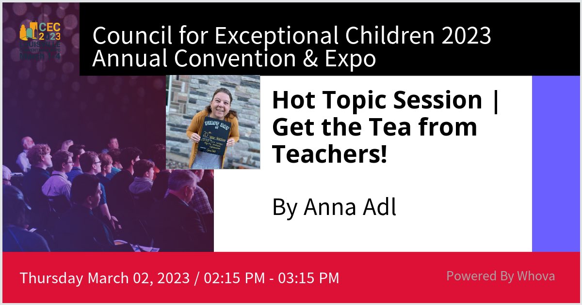 AnnaAdl2's tweet photo. I am speaking at Council for Exceptional Children 2023 Annual Convention &amp; Expo. Please check out my talk if you're attending the event! #CEC2023 - via #Whova event app https://t.co/IsU2BrVT6v