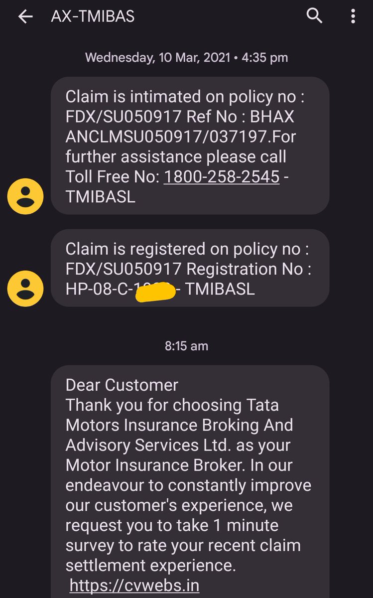 Policy claim settled on 10 March 2021

Got Feedback msg on 25 Feb 2023

#TATA #Tatamotors #TataGroup <a href="/RNTata2000/">Ratan N. Tata</a> <a href="/TataCompanies/">Tata Group</a> <a href="/TataMotors/">Tata Motors</a>