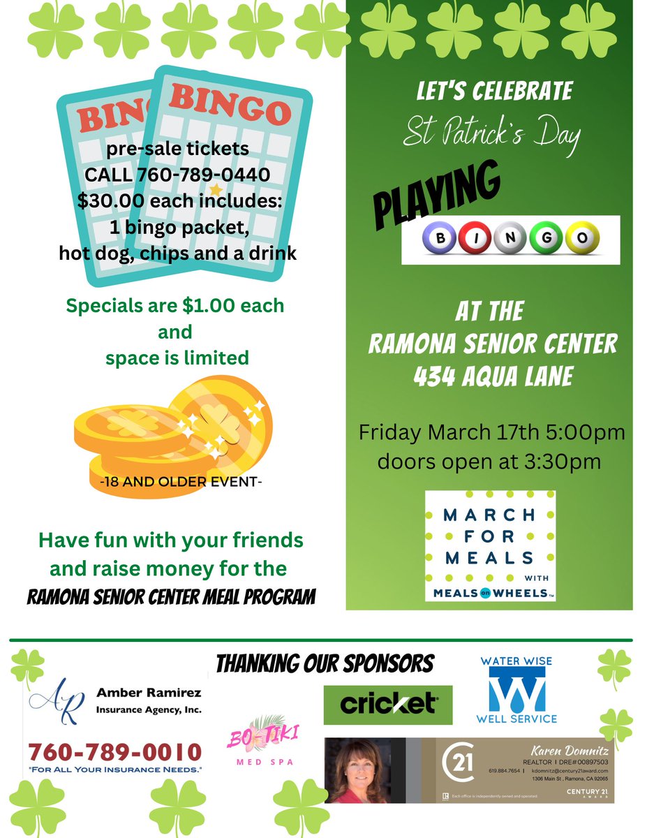 RamonaChamber's tweet photo. Let's celebrate St. Patrick's Day at the Ramona Senior Center!  Have fun with your friends AND raise money for the RSC Meal Program! Stop by the Center or call them at 760-789-0440 to preorder your Bingo packs.  Space is limited! https://t.co/gANoAbNFGo