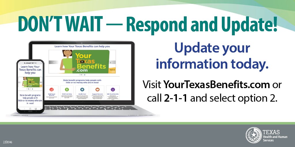 CHC_TX's tweet photo. Reporting changes to your benefits is easy when you have a Your Texas Benefits account. Report any information that changed from your last application or renewal at https://t.co/Vec5zySN2B or call 2-1-1 and select option 2. https://t.co/MGkERm9SEs