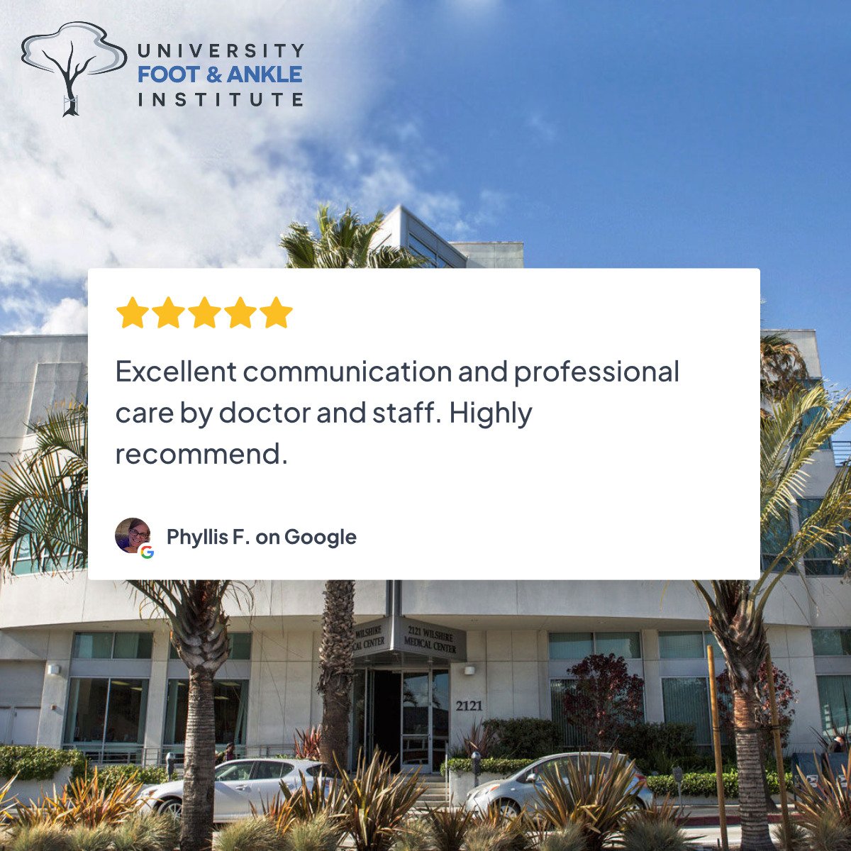 Thank you for taking the time to share your experience with others, Phyllis! 

#weloveourpatients #patienttestimonial #footandanklespecialist #UFAI #LosAngeles #podiatrist #SantaMonica #ElSegundo #ShermanOaks #Valencia #WestlakeVillage #MidCityLA #GranadaHills #SantaBarbara
