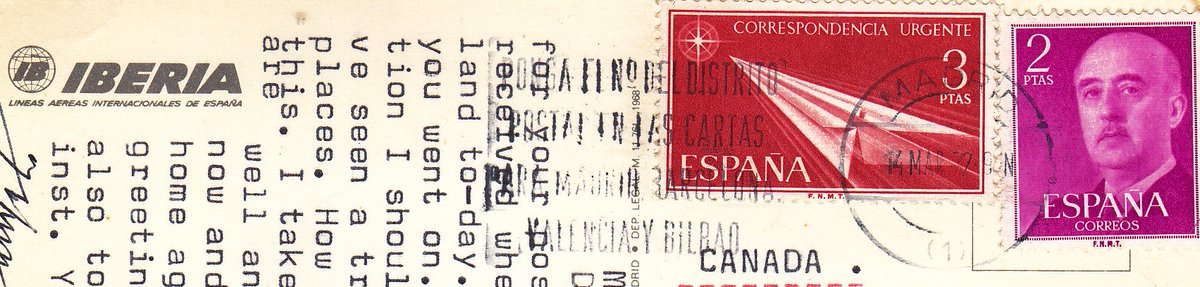 MarjeMolder's tweet photo. #philately #deltiology #vintage #Spanish #postcard of #Switzerland one of the countries serviced daily by #Iberia #Airlines PU #Stamps 2 PTAS (1956)  Mi: 1082 + 3 PTAS (1965) ‘Express Mail’ Sc: E23 Mi: 1553 sent from PM #Madrid Mar 14, 1972 to #Canada  #timbres #estampillo https://t.co/EruieBGzvj