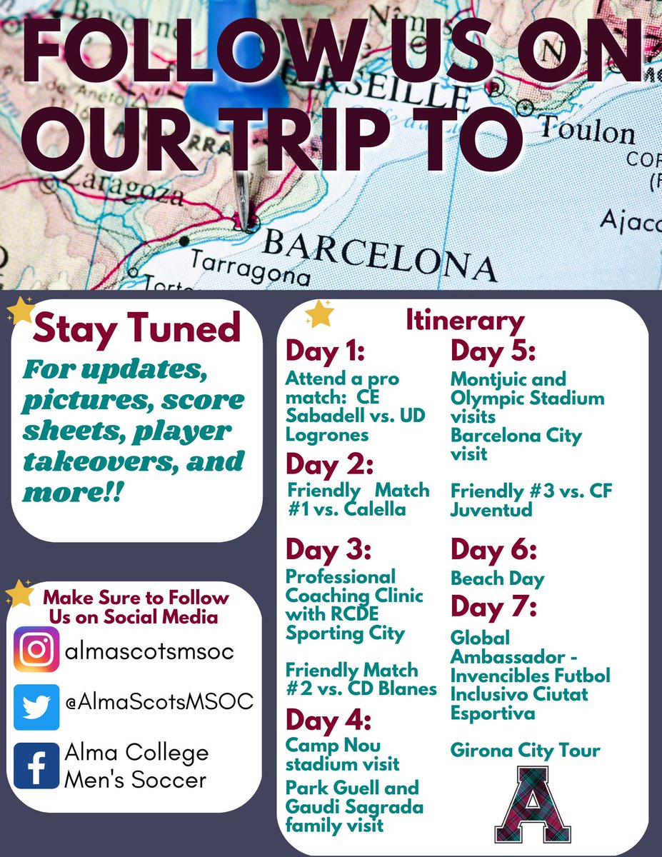 AlmaScotsMSOC's tweet photo. Welcome to the 2023 Alma Men's Soccer Barcelona trip. We have 7 full days planned of fun activities, games, and more. It's time to learn from the best and bring it back to the US. Maybe we can learn something Nou and Camp out in the stadium of @FCBarcelona https://t.co/SCIFZ1hUXx