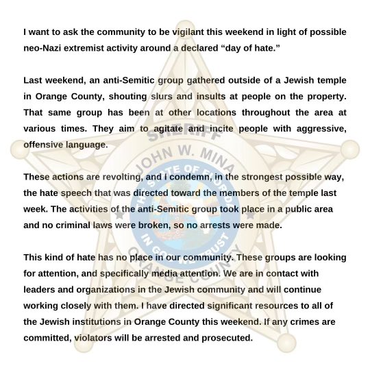SheriffMina's tweet photo. My statement on recent anti-Semitic activity in our area. This kind of hate has no place in our community. https://t.co/jAw01B44DT