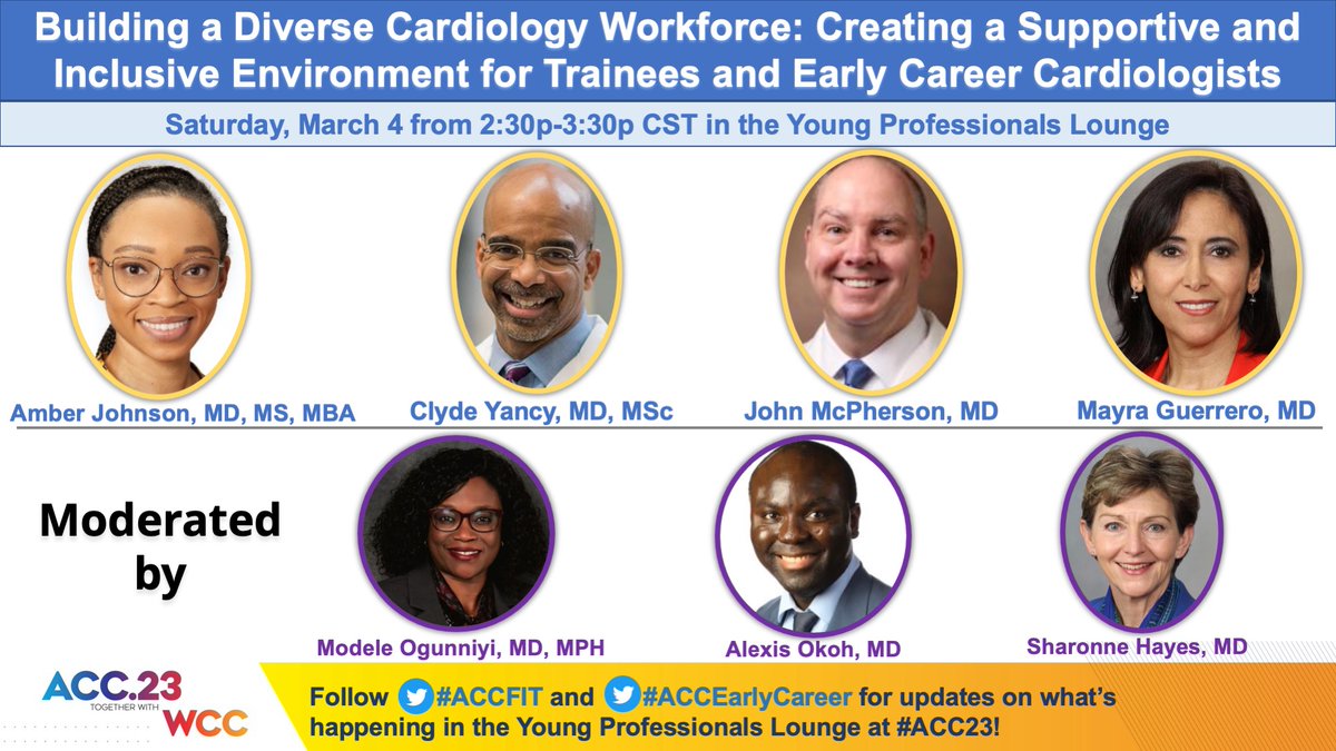 🔹 These leaders in thought and action will teach us how to 

Build a Diverse Cardiology Workforce #ACCDiversity 

with @AmberJohnsonMD @NMHheartdoc @DrJohnMcP @MayraGuerreroMD @modeldoc @OkohMd @SharonneHayes 

#ACC23 #ACCFIT #ACCEarlyCareer