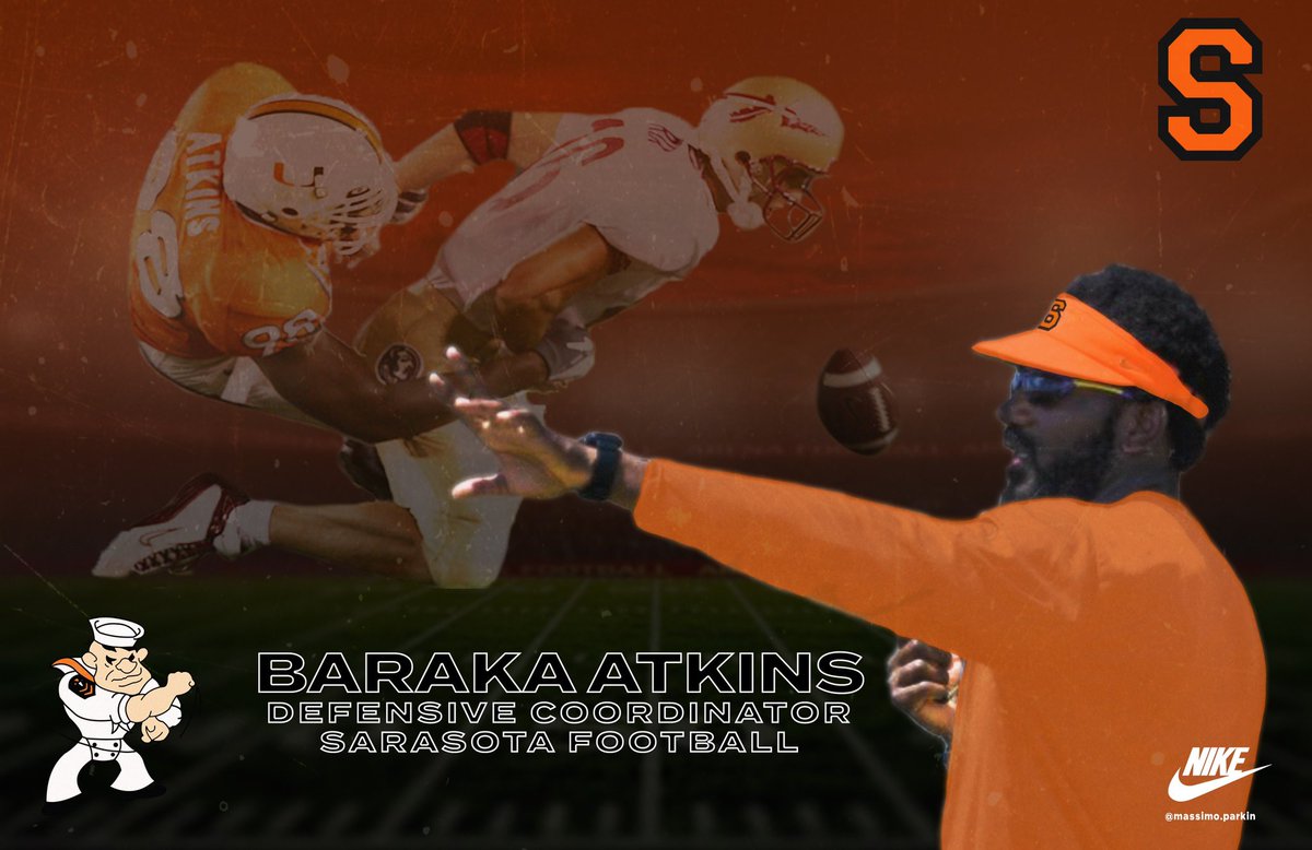 Big News Coming out of @Sarasota_FB tonight! @AtkinsBaraka is the new Defensive Coordinator for the Sailors! A Sarasota area legend playing college @univmiami drafted by the @Seahawks and logging time with many more NFL teams. #sailintothewind @maffsports