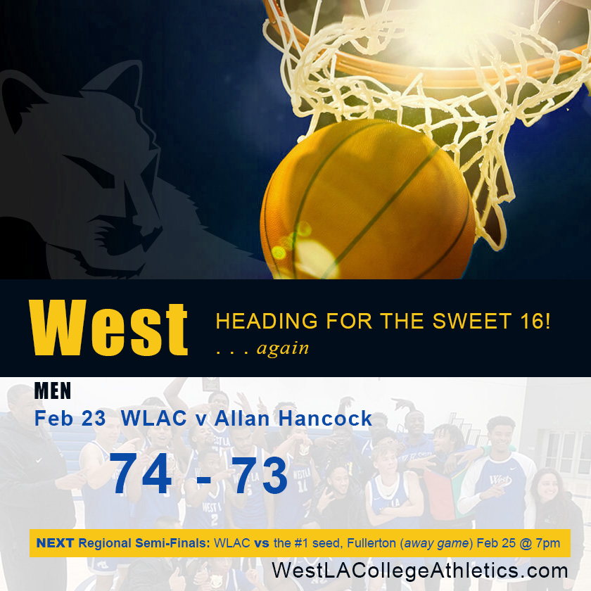 Congrats #WestLACollege Wildcats for the nail-biter victory over Allan Hancock 74 to 73!! Next up, the #Sweet16 regional semi-finals against Fullerton College on SAT, FEB 25 @ 7pm...see it at youtube.com/watch?v=l11CRd… . #GoWildcats #GoWestGoFar