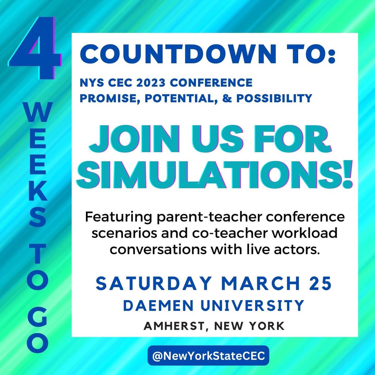 EmilyHoeh's tweet photo. @NYS_CEC Simulations will be featured at the NYS CEC Conference! 

Don't forget to register at the link below. 
Student: $25
Professional: $50
District tables, Vendors, Sponsor: $200

https://t.co/YCArUm4oRi https://t.co/Snj54bzw9y