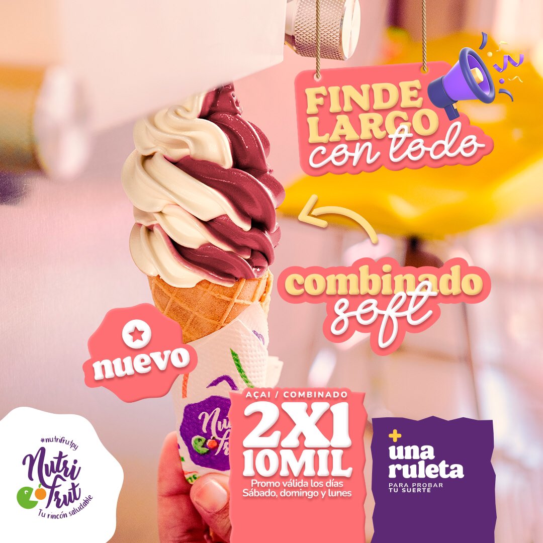 nutrifrut_py's tweet photo. ¡𝟮𝘅𝟭 𝗱𝗶𝘀𝗽𝗼𝗻𝗶𝗯𝗹𝗲! 𝐬𝐨𝐟𝐭 𝐲 𝐜𝐨𝐦𝐛𝐢𝐧𝐚𝐝𝐨 🍦🤩
Con todas tus compras podés girar la ruleta para probar tu suerte y llevarte premios 🎁🍀
❗️Promo disponible Sábado, Domingo y Lunes.
#Paraguay #FindeLargo #Nutricar #FindeCarnaval #FindeXL https://t.co/tyMDH5K47e
