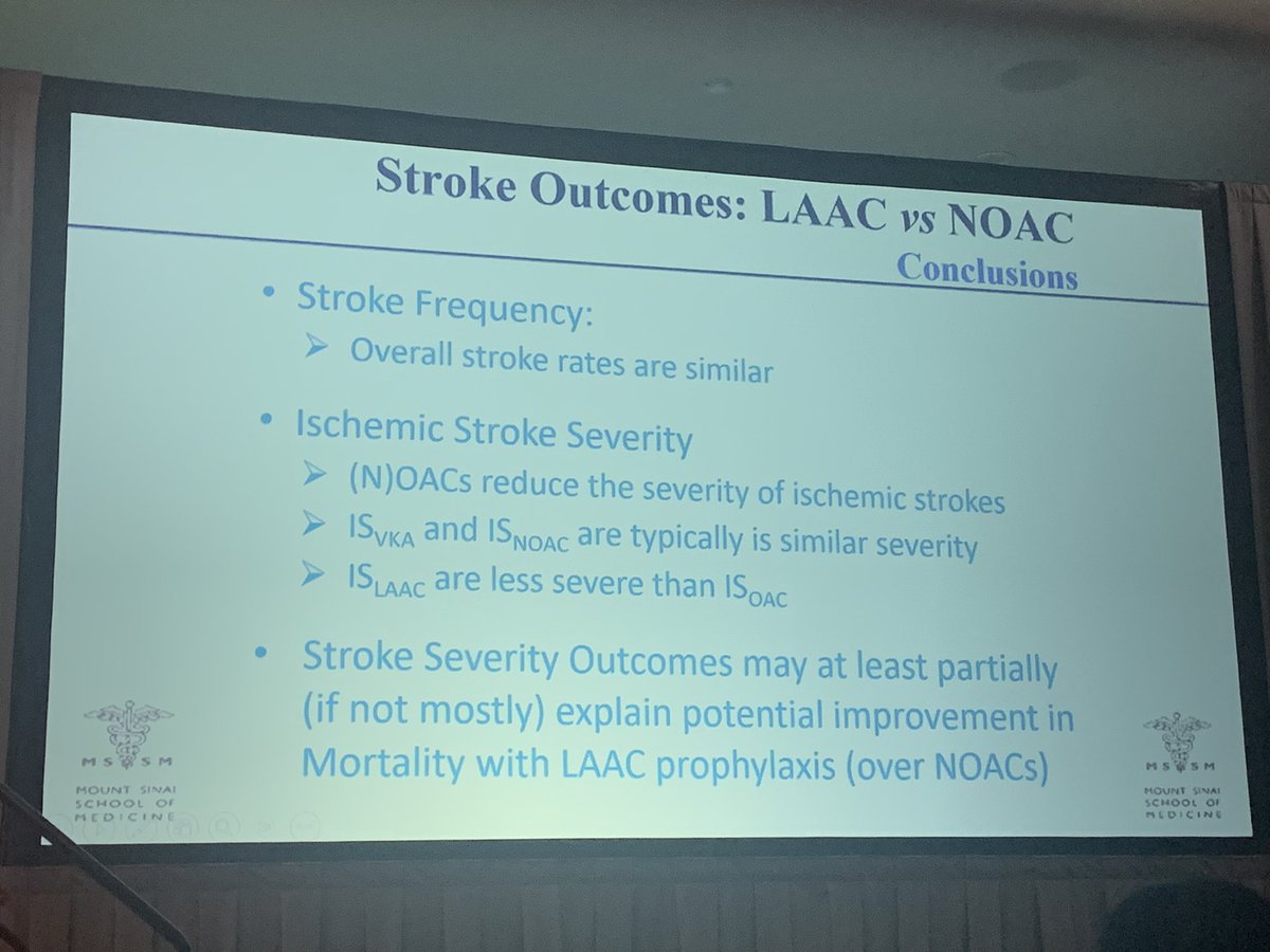 Vivek Reddy presents from non-randomized studies re: #LAAO showing potential mortality benefit - ❓Is it because LAAO decreases thrombotic burden and thus size / severity of #stroke? ❓Do #DOACs predispose to superimposed bleeding? #WAFib2033 #ASKWAF