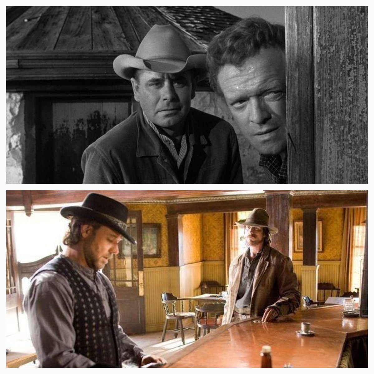 #GlennFord as #BenWade & #VanHeflin as #DanEvans in 3:10 to Yuma (1957)
#RussellCrowe as #BenWade & #ChristianBale as #DanEvans in 3:10 to Yuma (2007)
#DailyCowboy