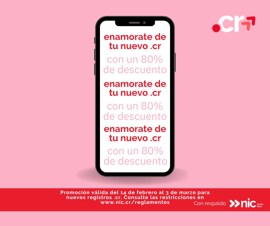 ¡No desaproveches esta oportunidad! obtené un 80% de descuento por la compra de tu dominio .cr.❣️ Promoción válida para nuevos registros del 14 de Febrero al 3 de Marzo. *Aplican restricciones*