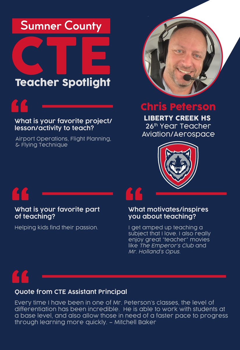 Chris Peterson is the Aviation teacher at Liberty Creek High School, and is in his first year of teaching in Sumner County. <a href="/LCHSWolves/">Liberty Creek High School</a> #SumnerCTE
