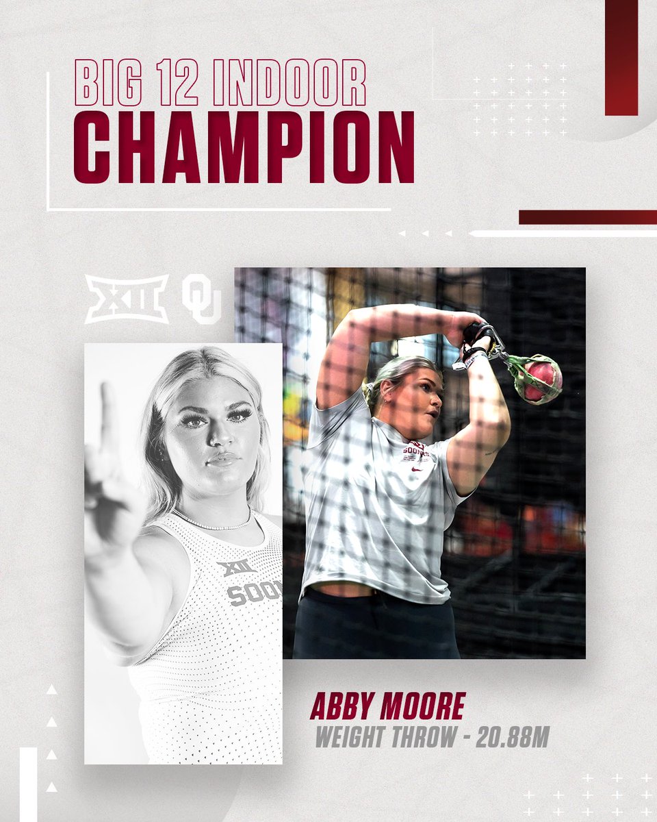 OU_Track's tweet photo. 𝘾𝙍𝙊𝙒𝙉 𝙃𝙀𝙍 👑

Abby Moore wins the women’s weight throw with a career best 68-6 (20.88m) 💪

#BoomerSooner☝️💨 https://t.co/3FINYaoTag