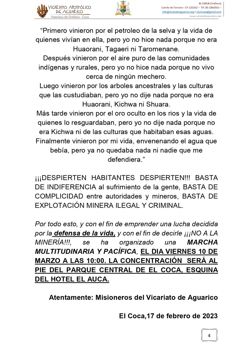 El Vicariato Apostólico de Aguarico invita a todo el Pueblo de Dios a participar el próximo 10/03/2023 a la MARCHA MULTITUDINARIA Y PACÍFICA EN DEFENSA DE LA VIDA Y EN CONTRA DE LA MINERÍA ILEGAL. La concentración será a las 10h00 en el Parque Central, esquina hotel Auca.