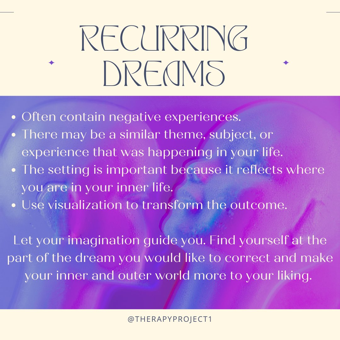 TherapyProject1's tweet photo. Hello Friends! We have recurring dreams or recurring themes in our dreams because we are born with obstacles, tasks, missions to complete, life lessons to be learned and goals to achieve. Let's pay attention so we can correct any unresolved issues. #therapyproject #mentalhealth https://t.co/pAm9NTytiq