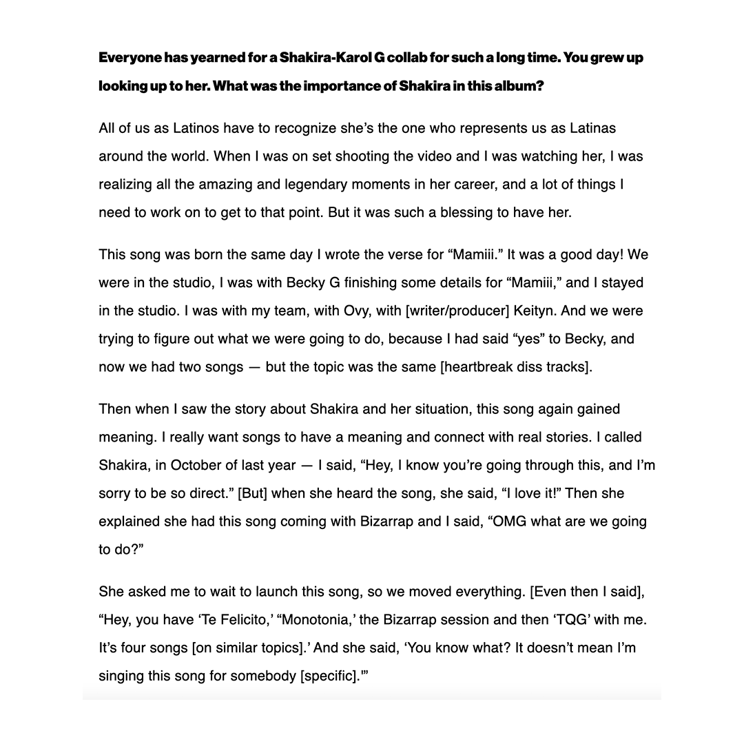 .<a href="/karolg/">LABICHOTA</a> spoke to Billboard about working with Shakira: “All Latinos have to recognize she’s the one who represents us around the world. When I was on set shooting the video and watching her, I was realizing all the legendary moments in her career.” 💗

🔗 bit.ly/3lT6QuL