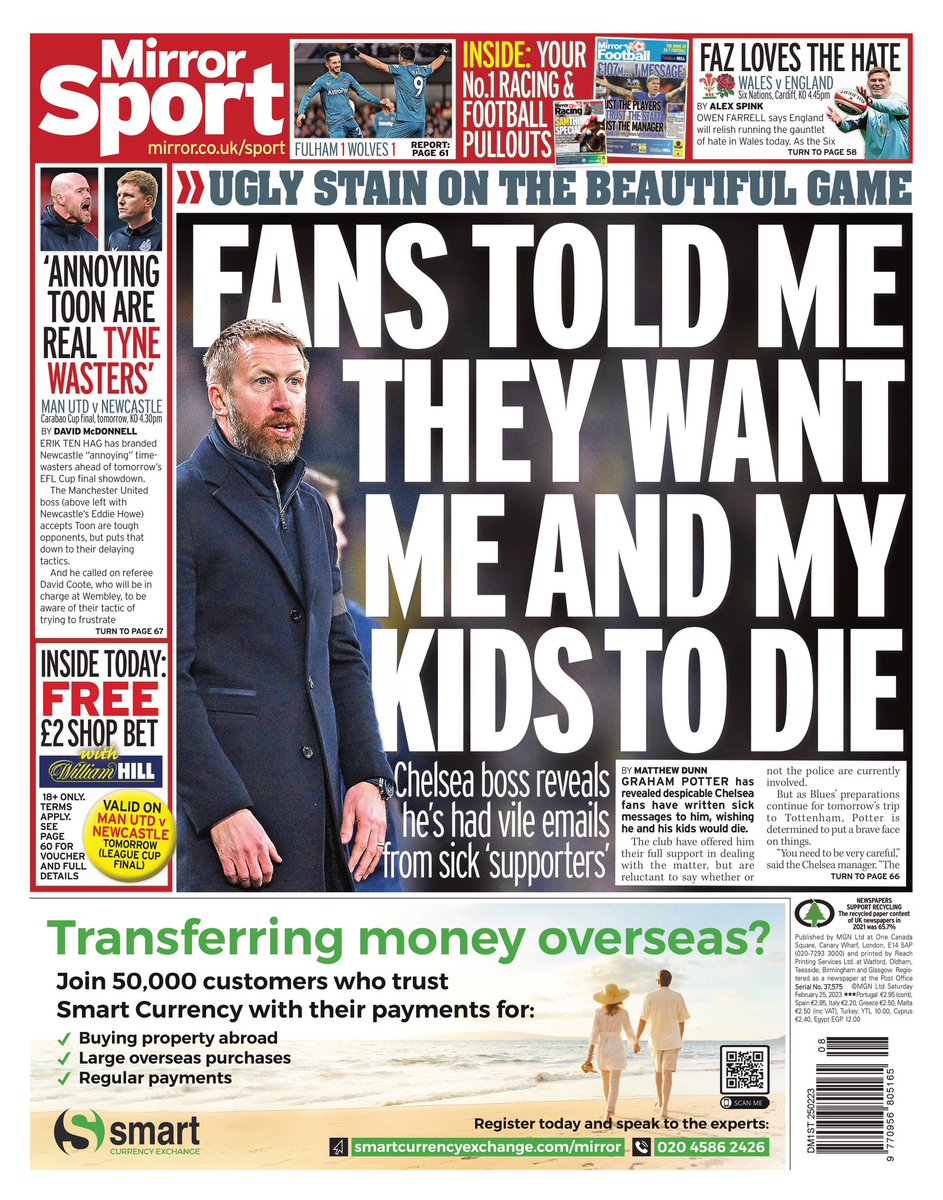 FabrizioRomano's tweet image. 🚨 Graham Potter on Mirror front page: “Fans told me they want me and my kids to die”. #CFC

“You need to be very careful”, he added. Mirror reporting that “Potter has had vile emails from sick ‘supporters’”.