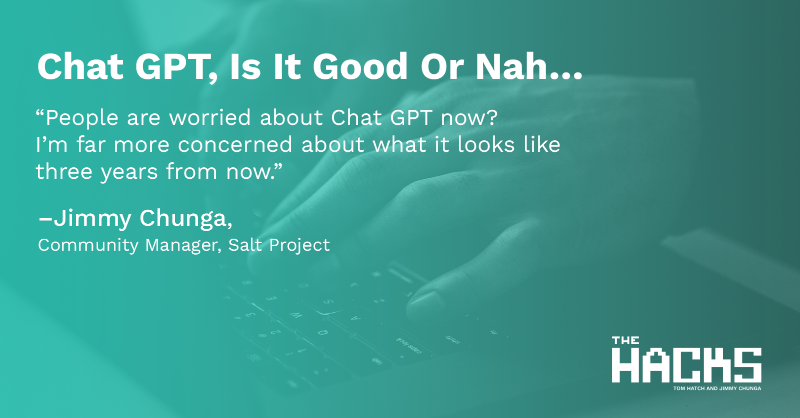 Idem_Project's tweet photo. 🔊 On The Hacks, Tom and Chunga dove into the controversial topic of #ChatGPT. 

Is it a game-changing technology or a threat to programmers' jobs? Listen to the episode.