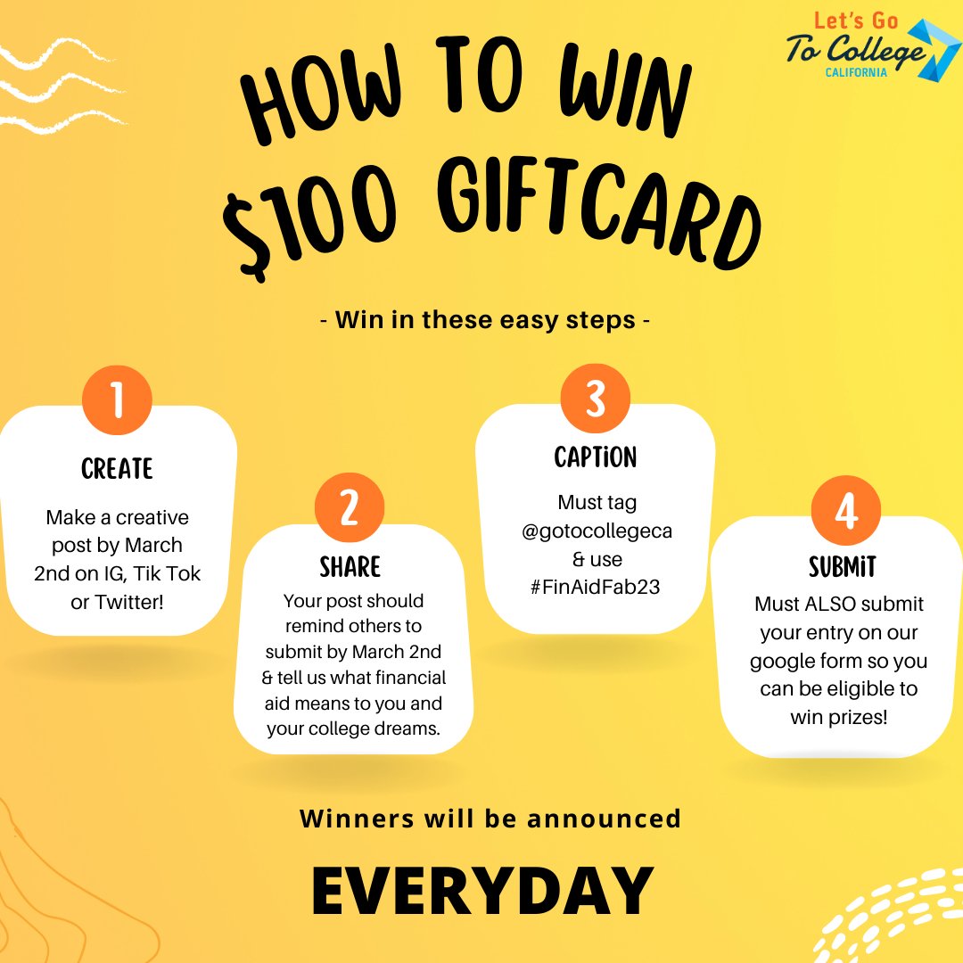 gotocollegeca's tweet photo. Calling all seniors & college students who need to file for FAFSA or CADAA, this contest is for you! Our prizes include $100 giftcard, a pair of sports tickets & a laptop for the grand prize winner! #FinAidFab23 ๐๐ธ #CACollegeCommunity โ
#StudentsCAN https://t.co/awS8g1ONDH
