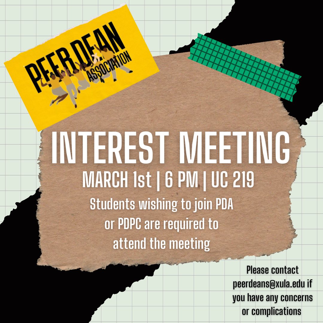 pdaxula's tweet photo. Are you interested in joining the Peer Dean Association or taking your PDA experience further with the Peer Dean Planning Committee? Join us on March 1st to learn more information about how you can join PDA or PDPC! We can’t wait to see you there! #xula #xulapda https://t.co/XhOkZ3TTVD