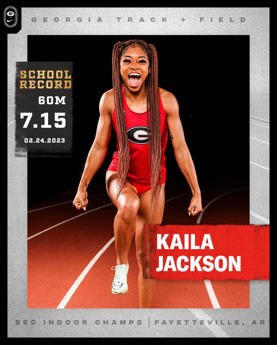 UGATrack's tweet photo. 🔔 RING THE BELL #Dawgs 🔔 

Kaila Jackson breaks her own SCHOOL RECORD in the 60m in the prelims with a 7.15 to be the top qualifier for Saturday’s final. 

#GoDawgs  | #SECTF | #SECChampionship https://t.co/f0Sd1713O4