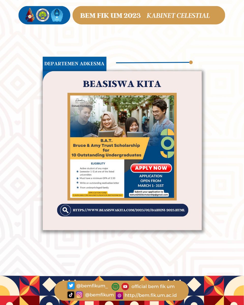 bemfikum_'s tweet photo. [ BEASISWA 2023 ] 
Pendaftaran Beasiswa 2023 sudah mulai dibuka🎓

Untuk informasi lebih lanjut, cek link dibawah ini👇🏻
https://t.co/RRyO6CnLFT
https://t.co/EkUdMp8u1Y 

Timeline Pendaftaran🖇
Beasiswa Kita : 1 - 3 Maret 2023
Beasiswa Kejar Prestasi : 28 Desember - 4 April 2023 https://t.co/XdHe6OxYaF