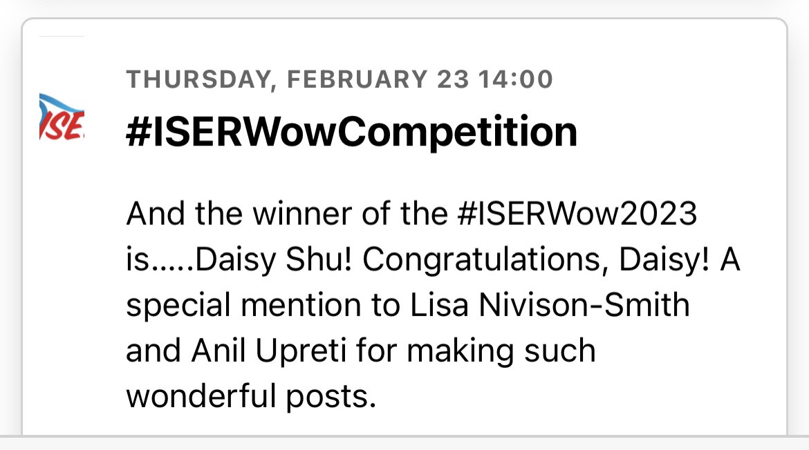 Woohoo! I won the #iserwow2023 competition! Shout out to @LNivisonSmith and @Uptanil for the awesome #iser2023 twitter posts! Can’t wait for #iser2024 in Argentina!