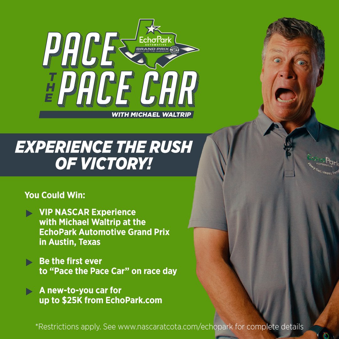 NASCARatCOTA's tweet photo. Get ready for some #FunWithEchoPark by signing up today for the chance to win a high speed ride with @MW55 ahead of the Pace Car & the ultimate NASCAR VIP experience!
https://t.co/1kEAb2uyqr https://t.co/ebzJjj9aGn