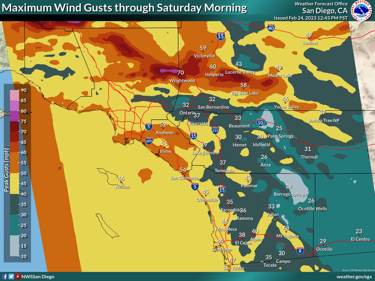 NWSSanDiego's tweet photo. A few forecast adjustments today:

🕛 Timing was adjusted back a bit, heaviest precip still on track for late tonight - Sat AM.
❄️ More precipitation will occur after snow levels fall tomorrow, so additional snow amounts are higher.
🌧️ 🌬️ Minor changes to wind/rain.

#CAwx https://t.co/chSQP9x1XB