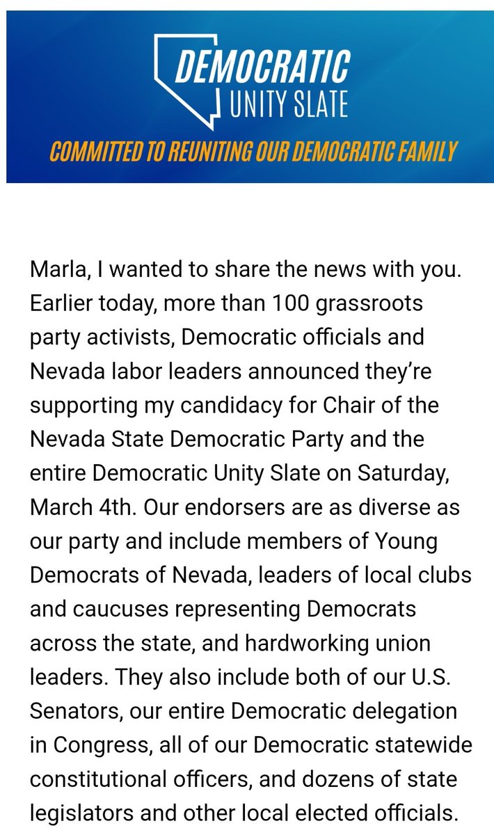 thebluenevadan's tweet photo. Impressive list of support for @Daniele4NV and #UnitySlate to head up #NVDems. Pleased to be among the endorsers and to support people with integrity, vision, authenticity, and who take pride in service. (More endorsements than shown) https://t.co/egbHWQIeBz