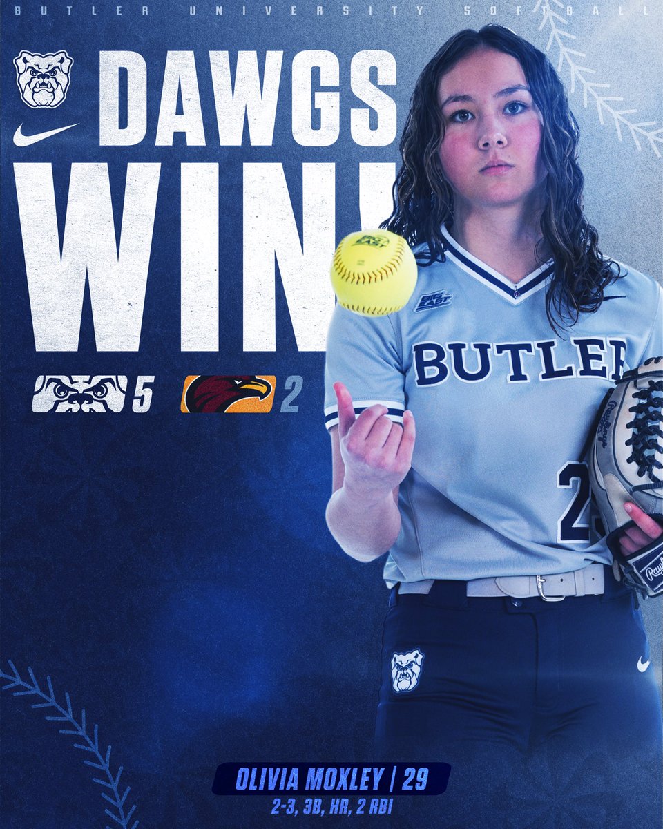 ButlerSoftball's tweet photo. DAWGS WIN!!! The Bulldogs defeat LMU 5-2 thanks to a huge performance from Olivia Moxley. Mox went 2-3 while driving in 2 runs and recording her first collegiate home run. Dawgs are back in action for 2 games tomorrow. Go Dawgs!!!

#ButlerWay https://t.co/5I2wc9KjxR