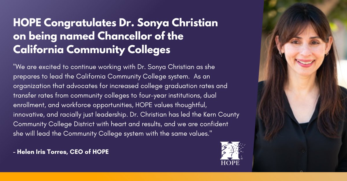 .@HOPElatinas congratulates newly named @CalCommColleges Chancellor Dr. Sonya Christian! @sonyachristian is making history as the first woman and first person of South Asian descent to lead what is the nation’s largest #highered system. bit.ly/41plNF7