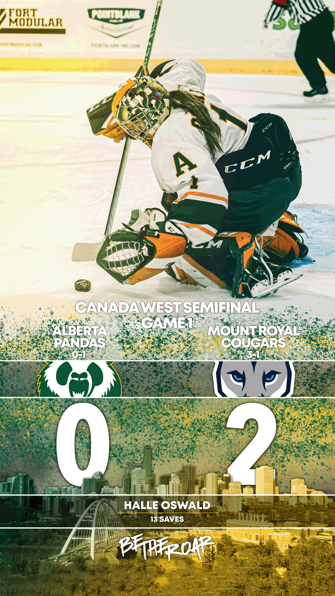 UofA Pandas Hockey (@pandashockey) on Twitter photo ๐๐๐ก๐๐
Despite a strong performance from Alberta, the Pandas can't solve MRU goalie Kaitlyn Ross.
The Pandas outshot the Cougars 26-15, but now face a 1-0 series deficit in their best-of-three semifinal.
Game 2 goes tomorrow at 2:00 pm.
STATS: canadawest.hockeytech.com/women/stats/gaโฆ ๐๐๐ก๐๐
Despite a strong performance from Alberta, the Pandas can't solve MRU goalie Kaitlyn Ross.
The Pandas outshot the Cougars 26-15, but now face a 1-0 series deficit in their best-of-three semifinal.
Game 2 goes tomorrow at 2:00 pm.
STATS: canadawest.hockeytech.com/women/stats/gaโฆ